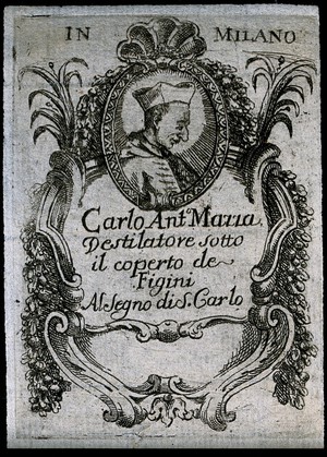 view An ornamental Italian wine label illustrated with the bust of San Carlo Borromeo. Engraving, 19th century.