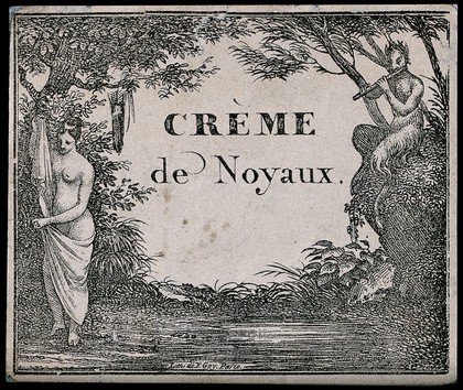 A French liqueur label illustrated with Pan piping to a maiden by a forest pool. Lithograph by E. Goy, 19th century, after G. Brunner.