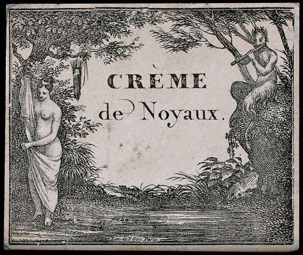 A French liqueur label illustrated with Pan piping to a maiden by a forest pool. Lithograph by E. Goy, 19th century, after G. Brunner.