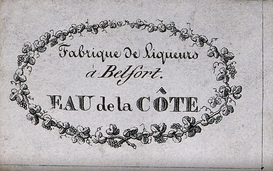 An ornamental French liqueur label. Engraving, 18--.