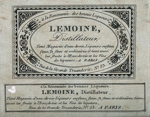 view One ornamental and one plain label for the French distiller, Lemoine. Etching with engraving, 19th century.