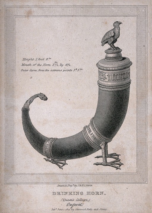 A 14th century silver drinking horn. Engraving by J. & H. S. Storer, 1821.