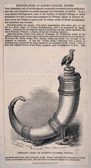 view A 14th century silver drinking horn with explanatory text. Wood-engraving, late 19th century.