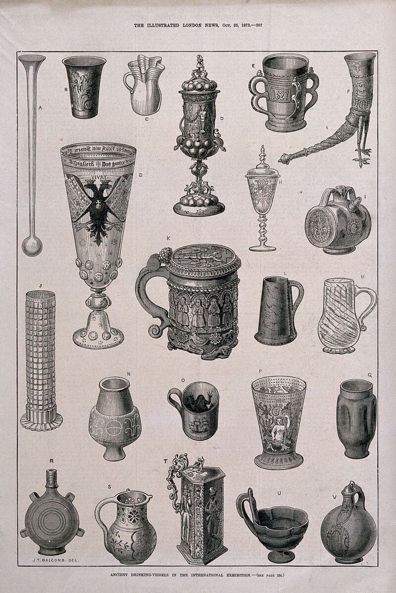 Twenty two ancient drinking vessels from an exhibition. Woodengraving