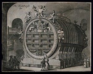 view A very large and ornate wine barrel, the Heidelberg Tun, being admired by fashionable visitors. Engraving, c. 1700.