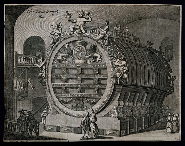 A very large and ornate wine barrel, the Heidelberg Tun, being admired by fashionable visitors. Engraving, c. 1700.