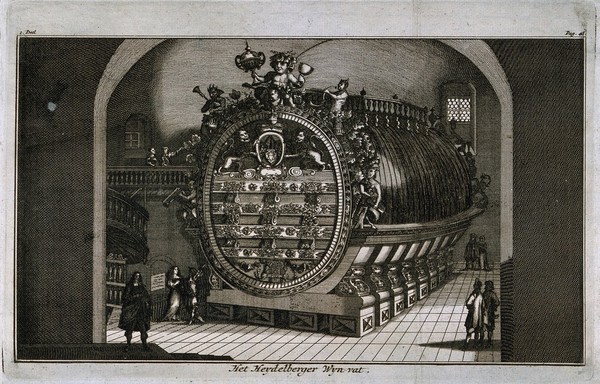 A very large and ornate wine barrel, the Heidelberg Tun, being admired by fashionable visitors. Engraving, c. 1700.