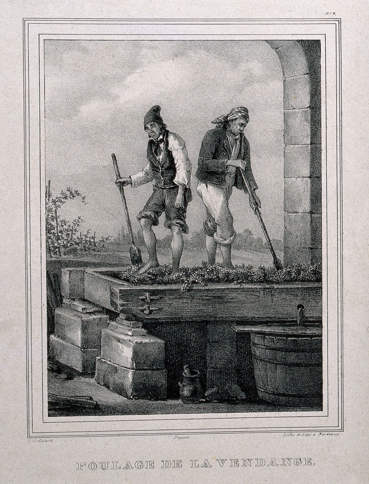 Two men treading grapes. Lithograph by J.B. Légé, 1830, after G. de Galard., 1830, by Gustave de Galard