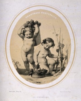 Two naked children picking grapes. Lithograph by Piecq, c. 1845, after Gosse.