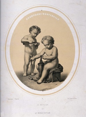 view Two naked children tasting champagne and tying up bottles. Lithograph by Piecq, c. 1845, after Gosse.