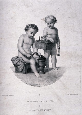 Two naked children tying up and storing champagne bottles. Lithograph by Piecq, c. 1845, after Gosse.