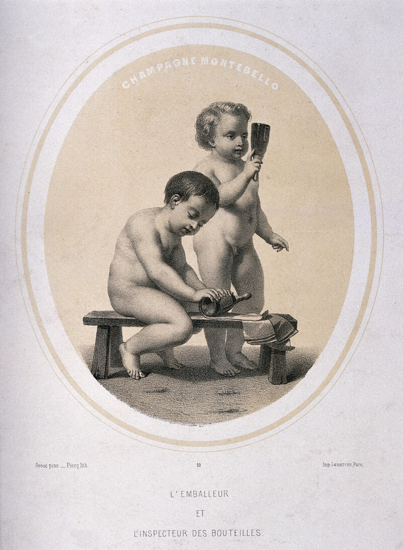 naked children Two naked children wrapping and inspecting champagne bottles. Lithograph by  Piecq, c. 1845, after Gosse. | Wellcome Collection