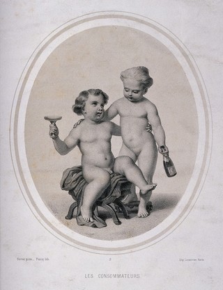 Two naked children drinking champagne. Lithograph by Piecq, c. 1845, after Gosse.
