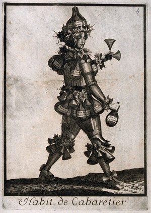view An innkeeper composed of wine bottles and grapes. Engraving, c. 1660 (?).