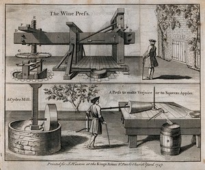 view A wine press (top) and cider mill (bottom). Engraving, c. 1747.