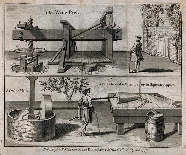 A wine press (top) and cider mill (bottom). Engraving, c. 1747.
