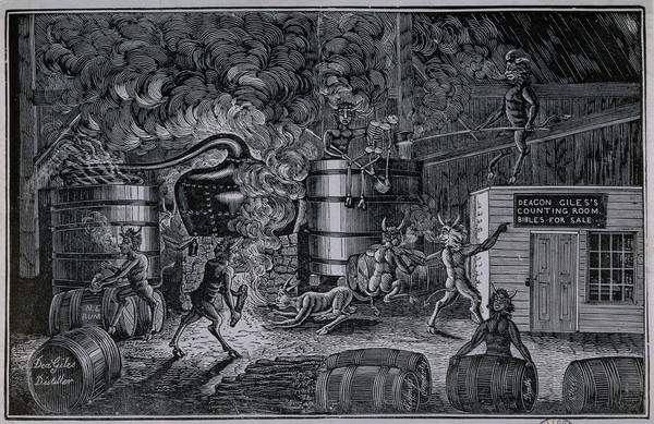 The distillery of Deacon Giles seen as the work of the Devil. Coloured wood-engraving after G. B. Cheever, ca. 1835.