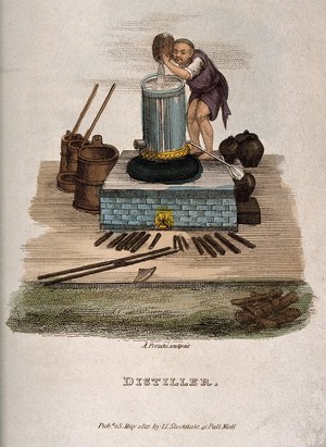 view A Chinese (?) man working with distilling apparatus. Coloured engraving by A. Freschi, 1812.