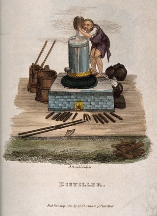 A Chinese (?) man working with distilling apparatus. Coloured engraving by A. Freschi, 1812.