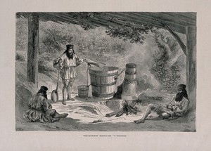 view Three Wallachian men round a log fire with distilling apparatus nearby. Wood engraving, ca. 1870.