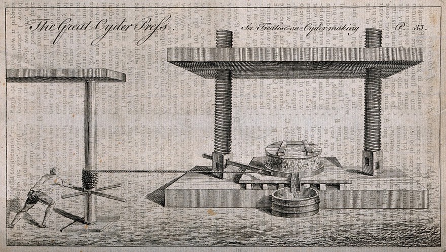 A man winding a large cider press. Engraving, late 18th century (?).