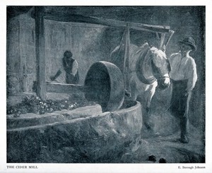 view A horse-drawn circular cider mill. Process print after a painting by E. Borough Johnson.