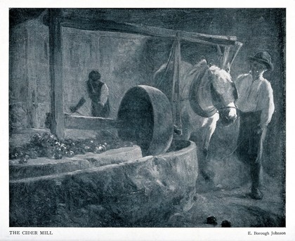 A horse-drawn circular cider mill. Process print after a painting by E. Borough Johnson.