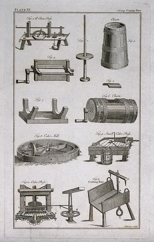 Various items of farm equipment and machinery, including presses, churns and mills. Engraving by J. Hulett.