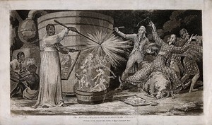 view An evil magician raises demons from a distillery tub as onlookers fall back amazed. Coloured aquatint, c. 1808, after S. De Wilde.