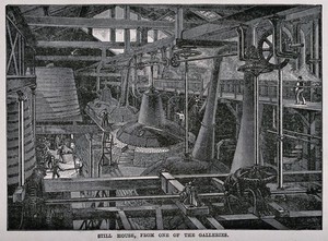 view A still house in a whiskey distillery. Wood engraving, late 19th century.