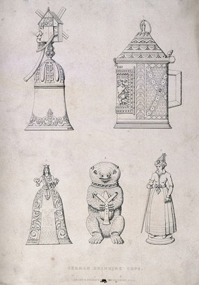 Five ornate German drinking vessels. Engraving by F. Fairholt, 19th century, after himself.