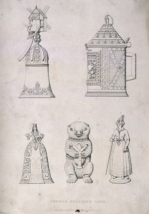 view Five ornate German drinking vessels. Engraving by F. Fairholt, 19th century, after himself.