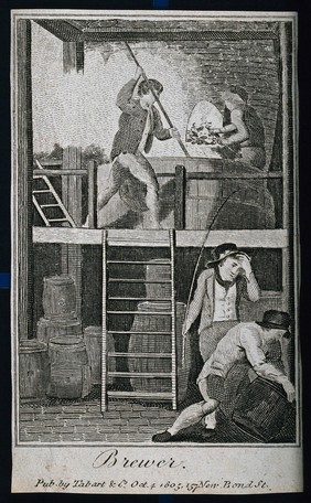 Four brewers at work. Engraving, c. 1805.