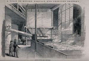 view Barclay and Perkins brewery, Southwark: visitors watching beer fermenting in a large brewhouse. Wood-engraving, 1847.