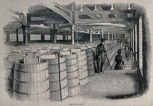 view Barclay and Perkins brewery, Southwark: visitors in a storeroom full of casks of ale. Wood-engraving, 1847.