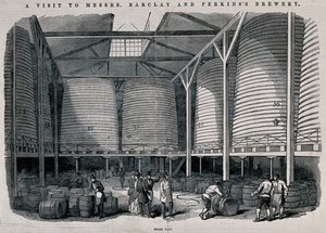 view Barclay and Perkins brewery, Southwark: visitors in a store for vats and barrels. Wood-engraving, 1847.