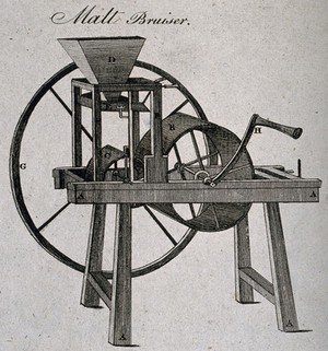 view A malt bruiser, a kind of hand turned mangle. Wood-engraving, 19th century.