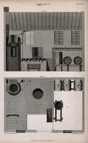 view Two sections through a brewhouse. Engraving by Gray & Son, 19th century, after G. Whitelaw.