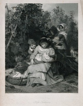 A woman with young children sitting in a hop field during harvesting. Stipple engraving with etching by G. Stodart, c. 1845, after W. Witherington.