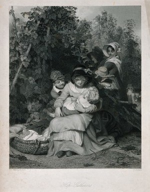 view A woman with young children sitting in a hop field during harvesting. Stipple engraving with etching by G. Stodart, c. 1845, after W. Witherington.