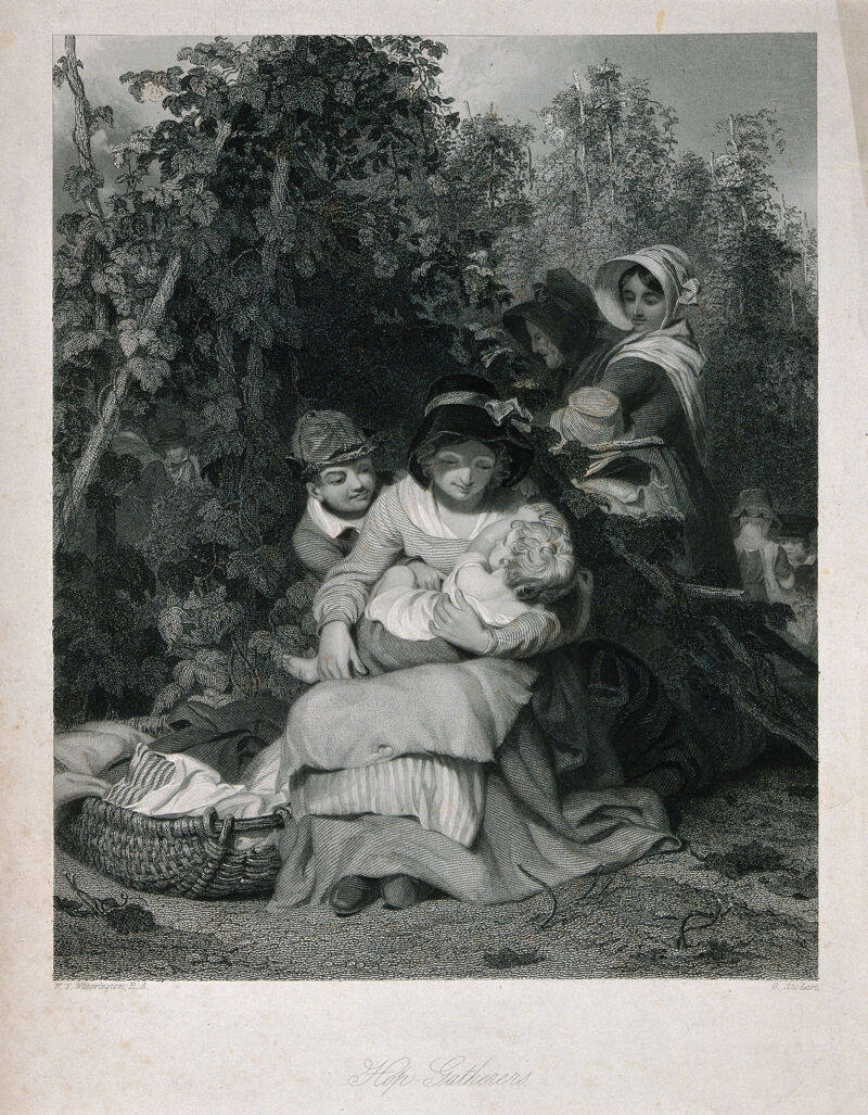 A woman with young children sitting in a hop field during harvesting. Stipple engraving with etching by G. Stodart, c. 1845, after W. Witherington., 1845, by William Frederick Witherington