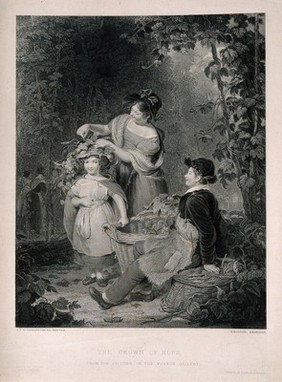 A woman decorating a girl's hat with hops in a hop field during harvest. Stipple engraving with etching by H. Bourne, c. 1845, after W. Witherington.