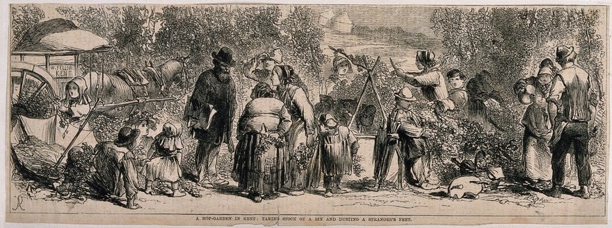 Harvest time in a hop-garden in Kent. Wood-engraving, c. 1857 (?).