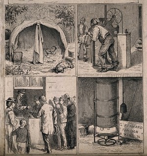 view Four scenes of hops being packed and workers being paid. Wood-engraving, c. 1874.