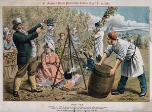 view John Bull making hop-tea in front of a hop grower and his workers; representing adulteration of beer by brewers. Chromolithograph by T. Merry, 1890, after himself.