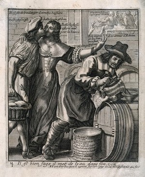 view An innkeeper adds water to his wine as his customer, a baker, kisses the landlady. Engraving by J. Lagniet, ca. 1663.