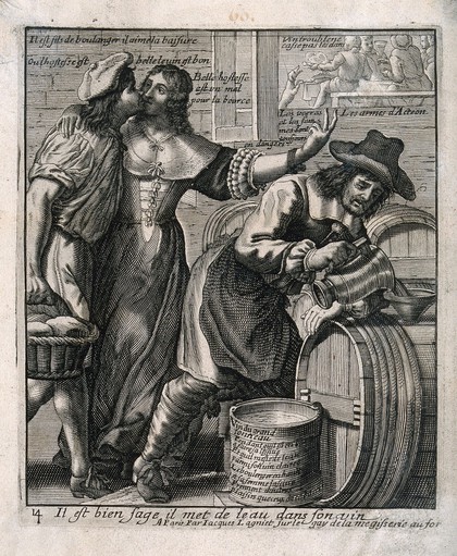 An innkeeper adds water to his wine as his customer, a baker, kisses the landlady. Engraving by J. Lagniet, ca. 1663.