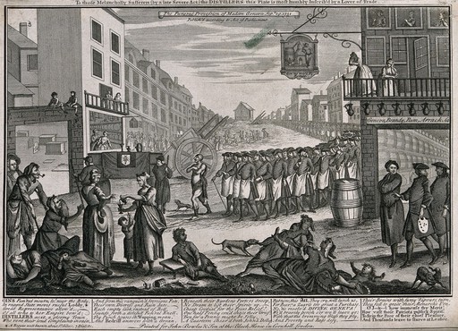 A procession of publicans and a beggar following the coffin of Madam Geneva; satirizing the Act preventing distillers from retailing or selling to unlicensed premises. Engraving, 1751.