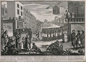 view A procession of publicans and a beggar following the coffin of Madam Geneva; attacking the Act preventing distillers from retailing or selling gin to unlicensed premises. Engraving, 1751.