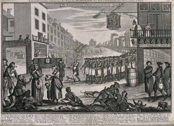 A procession of publicans and a beggar following the coffin of Madam Geneva; attacking the Act preventing distillers from retailing or selling gin to unlicensed premises. Engraving, 1751.